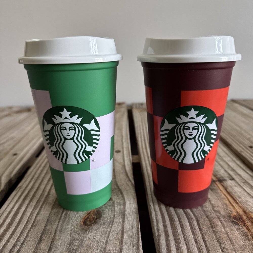 Lot of 2 Starbucks 16 ounce Reusable Coffee Cups Tetris‎ Geometric